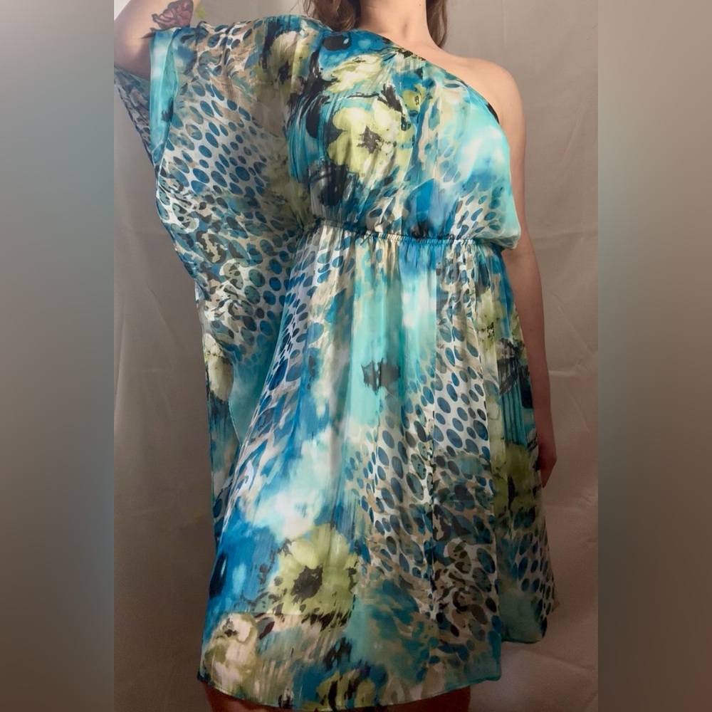 Turquoise Floral Abstract One Shoulder Flowy Boho Beach Goddess Dress Size L-XL - Picture 1 of 13